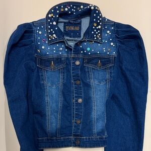 Embellished Denim Jacket with Puff Sleeves